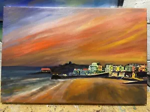 Original landscape oil painting, Tenby Harbour Twilight By Chris Langley. - Picture 1 of 1