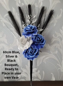 BLAU & SILBER GLITZER BLUMENSTRAUSS, KEINE VASE, HANDGEFERTIGTE KUNSTSEIDE, 60 cm - Bild 1 von 6