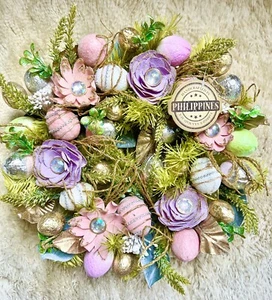 BRAND NWT HANDCRAFTED JEWELED GLAM EASTER EGGS FLORAL WREATH 17" - Picture 1 of 8