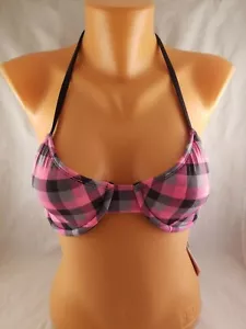 Neu mit Etikett Giejo Bikini-Top pink & schwarz kariert gemischt bedruckt Größe Large - Bild 1 von 7