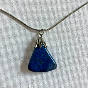 Halskette Vintage Anhänger natürlicher Lapis Stein 18" silberfarbene Kette - Bild 1 von 6