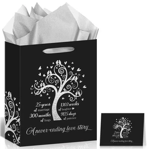 25th Anniversary Party Gift Bag Black Silver 25 Year Wrapping Paper Bags with... - Picture 1 of 7