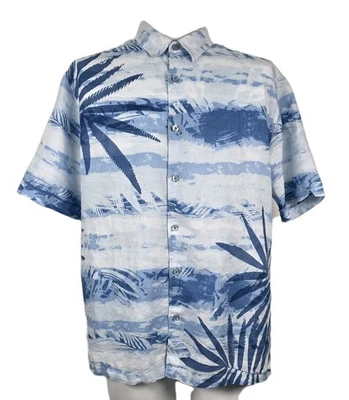 Мужская рубашка с коротким рукавом Cubavara синий белый ладони лист печати хлопок лен большой - Изображение 1 из 4