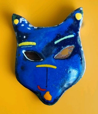 Broche Pin Funky Retro Cara de Gato Azul Cobalto Cobre Esmalte Ojos Huecos Artesano  Foto 1 de 4