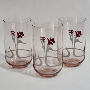 Set of 3 Mid Century Pink Tint Glass Tumblers Water Glasses Red Flower MCM Retro - Picture 1 of 8