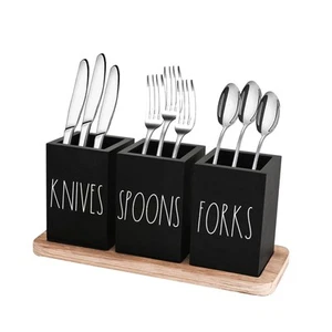 Farmhouse Silverware Holder Rustic Wood Caddy with Tray Spoon Fork Knives - Picture 1 of 6