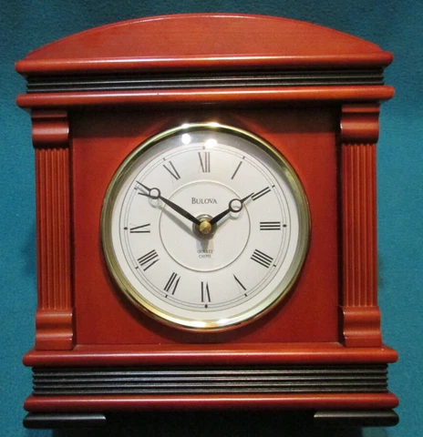 BULOVA #B1838, Rosewood/Black Trim Mantel Quartz Clock w/ Chime Cover