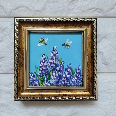 Pintura Original Abejorro Abeja sobre Flores Pequeño Arte Abeja Arte Enmarcado en Oro Foto 1 de 4