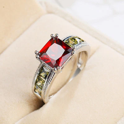 Multi-color Natural Fire Red Garnet Olive Peridot Gemstone Silver Ring Size 6-10 - Image 1 of 4