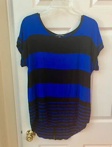 Cable Gauge Top Size L Blue Black Striped Stretch Knit Hi Lo Style Back Buttons - Picture 1 of 9