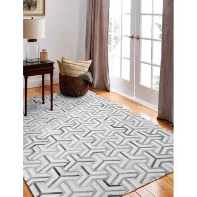 Handmade Cowhide Patchwork Rug – Grey Fan Pattern Carpet for Modern Decor - Image 1 of 4