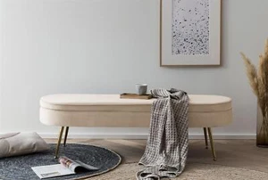 Sitzbank oval lang aus Samt Beige/Gold 142x45 cm Polsterbank Fußbank Bank Pouf - Bild 1 von 3