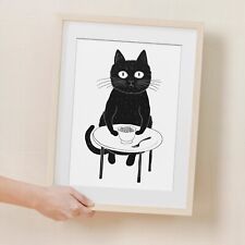 Black Cat Illustration Children Adult Fun Wall Art Breakfast Art Print Cartoon