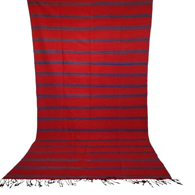 Tapete tribal vintage marroquino de lã vermelho feito à mão listras azuis franja berbere - Imagem 1 de 4
