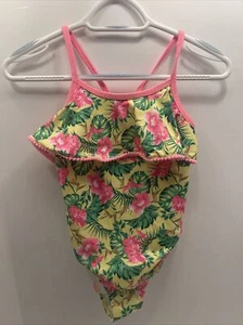 Penelope Mack Girl's 1 Pc Ruffle Swimsuit Green Pink Hibiscus Sz 12 NEW bright - Picture 1 of 15