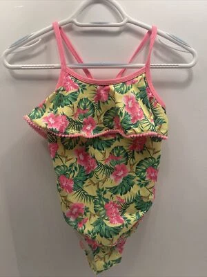 Penelope Mack Girl's 1 Pc Ruffle Swimsuit Green Pink Hibiscus Sz 12 NEW bright - Image 1 of 4