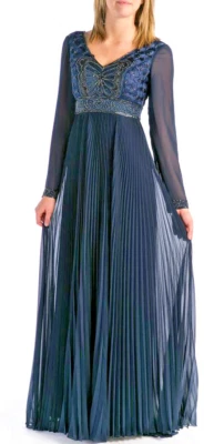 Sue Wong ~ Navy Chiffon Beaded Empire Doulbe V Accordion Formal Gown 2 NEW $599 - Image 1 of 4