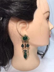 Vintage Earrings Faux Jade Stone Cabochon Dangle Surrealist Goldtone T1724 - Picture 1 of 5