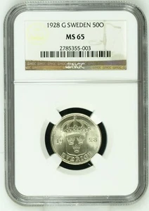 SWEDEN - SPECTACULAR SILVER 50 ÖRE. 1928 G, KM# 878,  NGC GRADED MS 65 - Picture 1 of 2