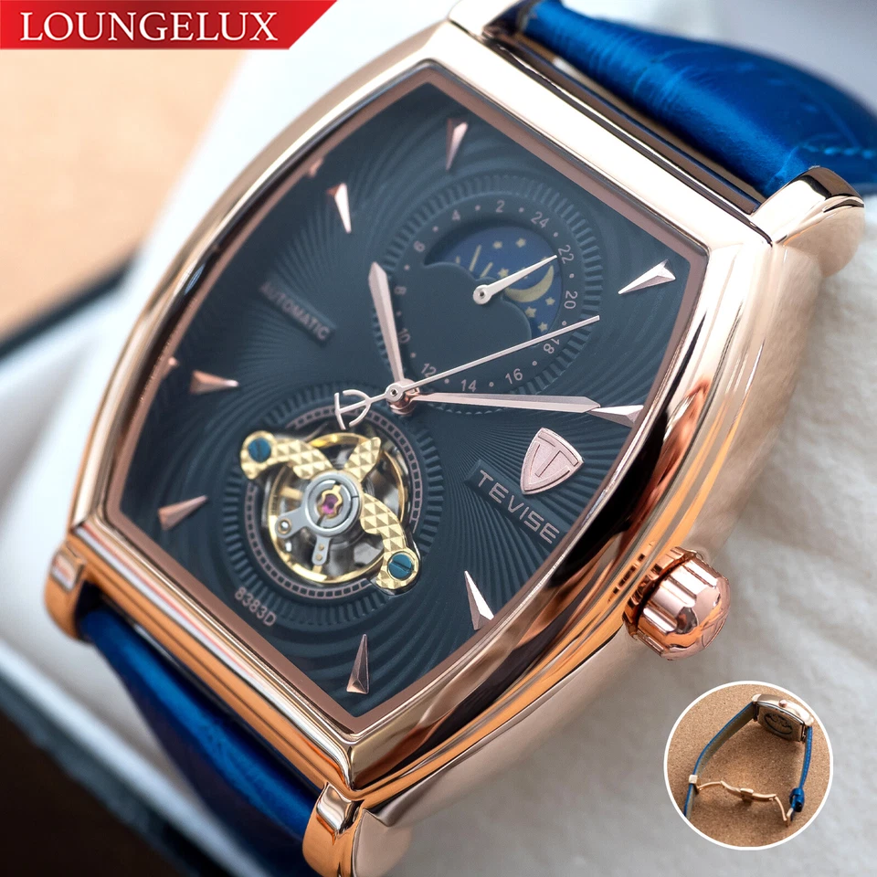 Reloj mecánico automático fase lunar oro rosa para hombre cuero azul esfera 24 horas Foto 1 de 4