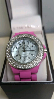 NEW Vivani Watch Barbie PINK Shiny Enamel Crystal Bezel Stainless 7" NEW Battery - Image 1 of 4
