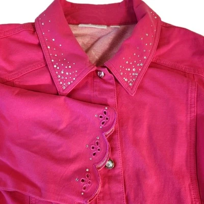 Dream Jeannes Quacker Factory Womens Denim Jacket Sz Large Pink Rhinestones Coat - Image 1 of 4