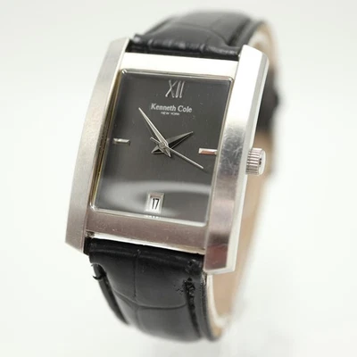 Reloj Kenneth Cole 29 mm gris plata fecha tanque negro imitación cuero con batería nueva Foto 1 de 4