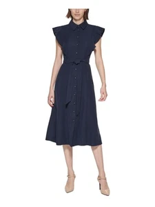 CALVIN KLEIN Womens Navy Belted Button Down Unlined Shirt Dress 4 - Picture 1 of 11