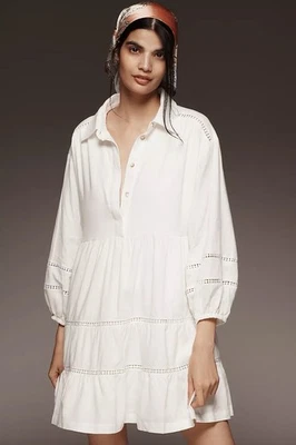 Anthropologie Maeve Bettina Linen Blend Tiered Mini Shirt Dress White Size M NWT - Image 1 of 4