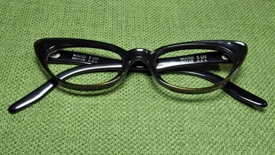 Vintage Ward Pigtail 5 1/4 Black Cats Eye Glasses Frames Only Retro MCM - Image 1 of 4