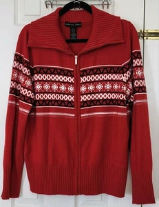Josephine Chaud Womens Red Long Sleeve Full Zip Sweater Fair Isle Size XL - Picture 1 of 5