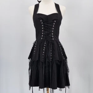 Whimsygoth Hearts & Roses Black Corset Ruffle Dress S Gothic Steampunk Halter - Picture 1 of 13