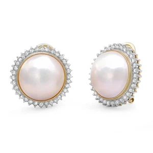 Vintage Pearl & Diamond Ladies Earrings 14K Yellow Gold 0.68cttw - Picture 1 of 4