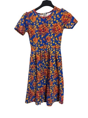 Платье миди Lularoe Amelia Fit & Flare с цветочным рисунком с коротким рукавом размер S синее оранжевое красное - Изображение 1 из 4