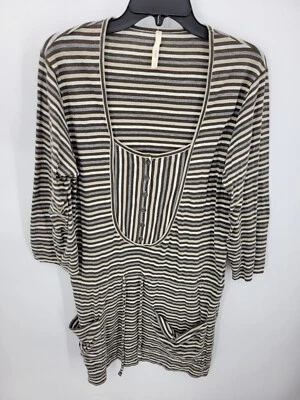 Nanette Lepore Dress Womens Large Brown Stripe Long Sleeve Cinch Waist Pockets - Image 1 of 4