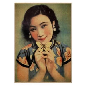 Ragazza con Poster Farfalla Stampa Riproduzione Vintage Cinese Shanghai Lady Ad Art - Foto 1 di 3