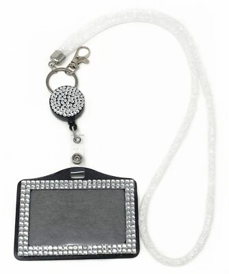 网眼水晶串珠闪亮 LANYARD 带可伸缩卷轴和水平 ID 徽章 — 第 1/4 张图片