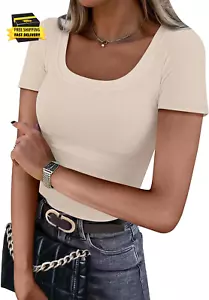 Women'S Ribbed Knit Scoop Neck Tees Slim Fit Short Sleeve Tops Summer 2025 Trend - Picture 1 of 5