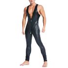 Trendy Men's Front Zip Wetlook Sleeveless Bodysuit in Black Faux Leather