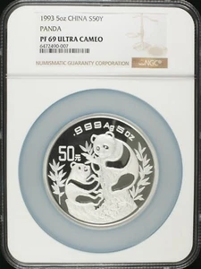 1993 Silver Panda 5 oz. 50 Yuan NGC PF69 UC. Mintage Only 3,000! - Picture 1 of 2