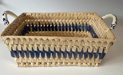 Vintage Woven Basket with Porcelain Blue and White Handles Cover