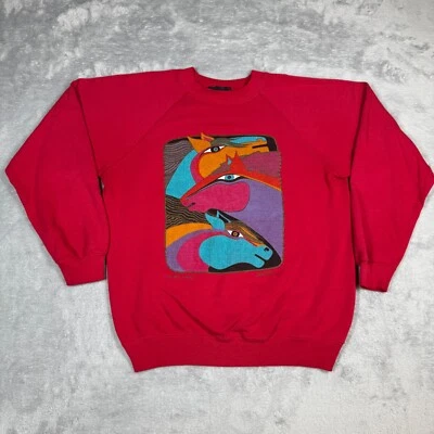 Sudadera de Colección Laurel Burch Mujer M Roja Caballos Artística Hanes Envejecida Desteñida Foto 1 de 4