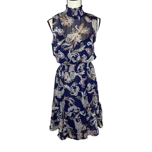 Nanette Lepore Damen Gr. 6 dunkelblau Midikleid hoher Stehkragen Paisleymuster - Bild 1 von 15