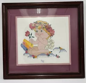 Punto de cruz bebé querubín ángel vintage 16"x14,5" enmarcado mate - Imagen 1 de 9