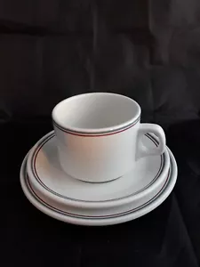 ROYAL DOULTON STEELITE DUO BAND ENGLISCHE PORZELLAN TASSE, UNTERTASSE, TELLER DEMITASSE SET - Bild 1 von 3