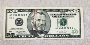1996 $50 FIFTY DOLLARS DOLLAR BILL U.S. AK 44188728 A Error Ink - Picture 1 of 5
