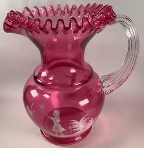 Fenton Hand Painted Mary Gregory Cranberry Glass Jug Pitcher 9 1/2" Tall 80 Oz - Picture 1 of 4