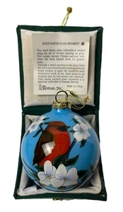 Reverse Inside Painted Glass Ornament Red Cardinal With White Flowers - Imagen 1 de 7
