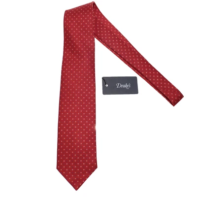 Corbata Drake's NUEVA CON ETIQUETAS en Rojo Anaranjado con Mini Círculos Azul y Blanco 100% Seda Foto 1 de 4