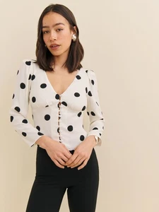 NWT Reformation Drina Top Sz 0 Pluto Dot Long Sleeve Deep V Ruching Polka Dot - Picture 1 of 7